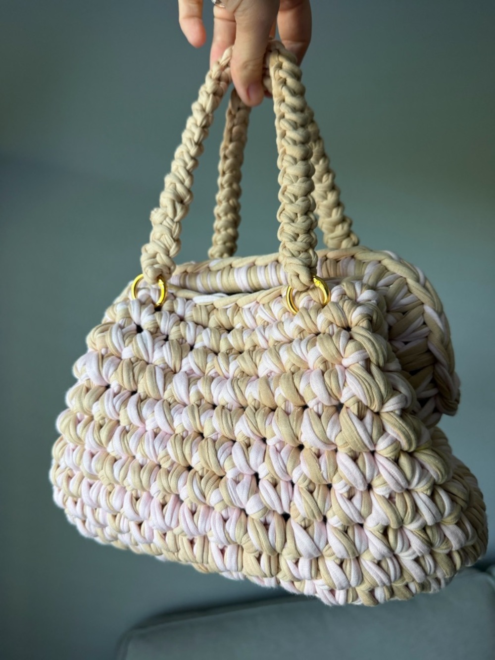 Handcrafted Crochet Tote Bag in Cream and Light Pink